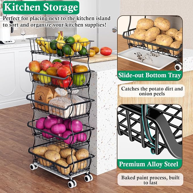 OKZEST 5 Tier Fruit Basket for Kitchen, Stackable Bins Wire Rack with Wheels, Fruit and Vegetable Storage Basket Pantry Food Snack Organizer Shelf, Kitchen Storage Cart for Onion and Potato, Produce - Image 3