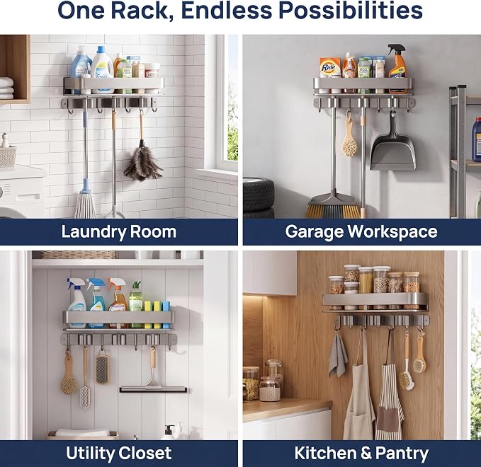 Broom Holder Wall Mount, Heavy Duty Mop Organizer with Shelf, Anti-Slip Grippers & Hooks for Laundry Room Garage Utility Closet（16inches） - Image 5