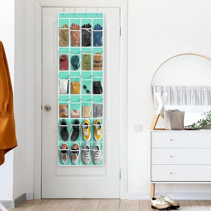 Simple Houseware 24 Pockets Clear Over the Door Shoe Organizer, Turquoise | 64" x 19", 4 Durable Metal Hooks, 4.3" x 9.5" Pocket Size, Multipurpose - Image 8