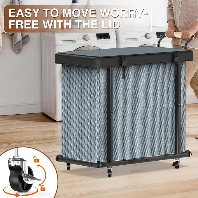 Rolling Laundry Hamper with Wheels, Laundry Hamper 3 Section with Lid Gray - Image 3