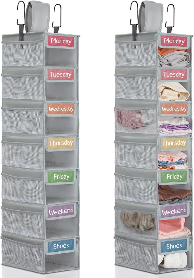 2 Pack 7 Shelf Weekly Clothes Organizer Hanging Closet for Kids with Side Pockets Weekday Shoes Rack Weekly Clothes Organizers Monday Through Weekend Foldable Storage Shelves(Gray) by Yeyeplum