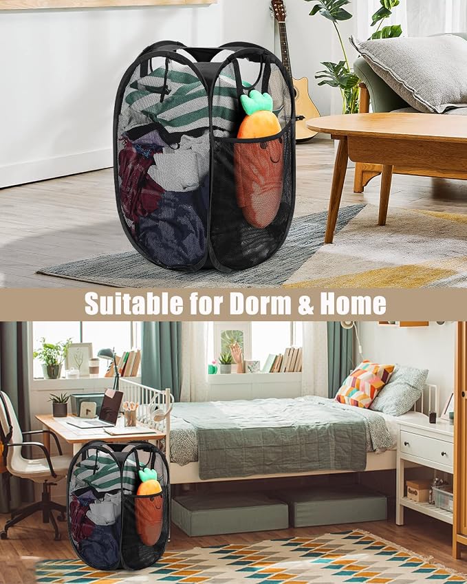 HOUSE AGAIN Strong Mesh Pop Up Laundry Hamper, 70L Collapsible Laundry Basket with Steel Frame, Double‑Stitched Handles & Side Pocket, Foldable Dirty Clothes Hamper for Dorm, Bedroom, Black - Image 7