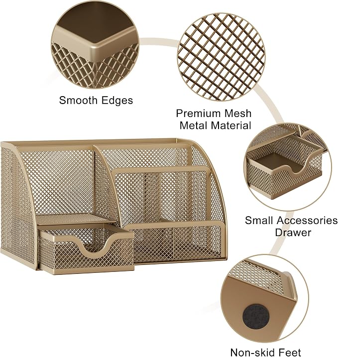 EasyPAG Mesh Desk Organizer with Drawer Multi-functional Pen Holder Stationery Organizer for Office School Supplies 6 Compartments Dorm Organizers and Storage for Desk, Gold - Image 3