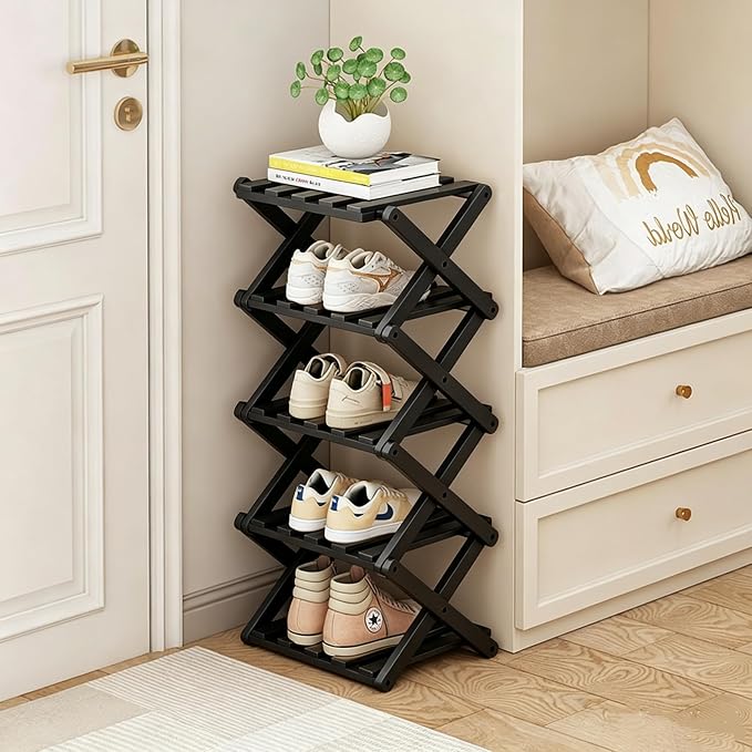 5 Tier Foldable Shoe Rack, Bamboo Vertical Shoe Organizer Tall for Multifunctional Narrow Shoe Shelf for Entryway, Closet, Corner, Bedroom, Hallway(Black) by XZXWZX