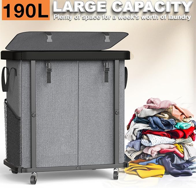 Laundry Basket with Wheels,190L (50 Gal) Laundry Hamper 2 Setion - Gray - Image 3
