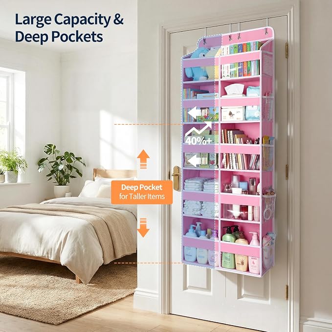 Yecaye 5 Tier Over The Door Organizer, 10 Compartments Large Door Storage | 20" W, Extra Large Behind Door Storage With 12 Side Pockets, 80lbs Heavy Duty, Clear Window, for Closet Bedroom Pantry, Pink - Image 3