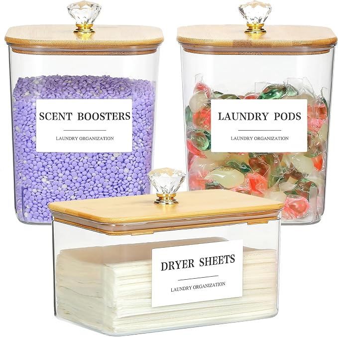 3 Pack Large Laundry Powder Container and Dryer Sheet Holder with Airtight Lid, Clear Plastic Laundry Pods Container for Laundry Room with Scoops, 12 Lables by Dounozzi