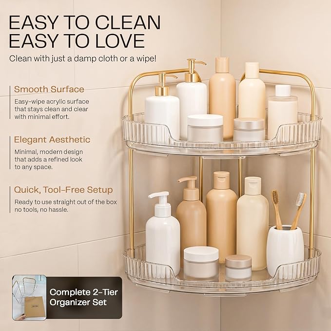 2-Tier Acrylic Corner Bathroom Organizer, 9" x 9" x 11" Large Round Countertop Shelf with Handle, Clear Acrylic Skincare & Makeup Storage Tray, Waterproof Vanity Organizer for Kitchen & Dresser - Image 10