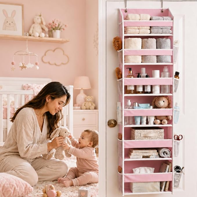 HOMELUX THEORY Over the Door Organizer, 6-Tier, 100D Fabric, Baby Pink 1pc | Over the door shoe organizer, 50 lbs capacity, 12 side mesh pockets, 100D extra thick fabric, Closet & entryway storage - Image 2