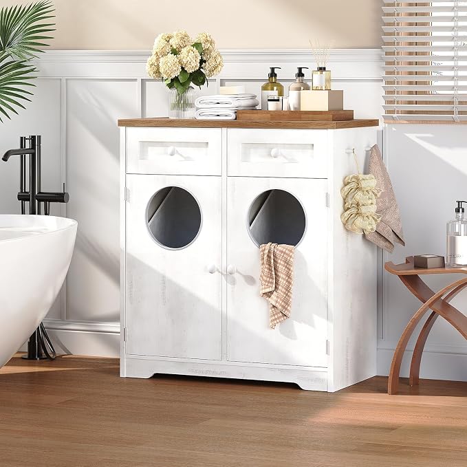 HOOBRO Double Laundry Hamper Cabinet, Hidden Laundry Cabinet with 2 Drawers & 2 Baskets, 20 Gallon Farmhouse Bathroom Laundry Hamper with 2 Clothes-Toss Holes, White and Dark Walnut WHZ36XY01 - Image 8