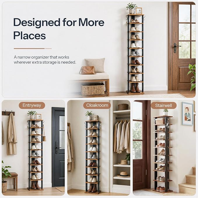 HOOBRO 10 Tiers Vertical Shoe Rack, Wooden Shoe Storage Organizer with Hooks, Narrow Shoe Tower for 10 Pairs, Space Saving, for Entryway, Living Room, Bedroom, Rustic Brown BF141XJ01 - Image 8