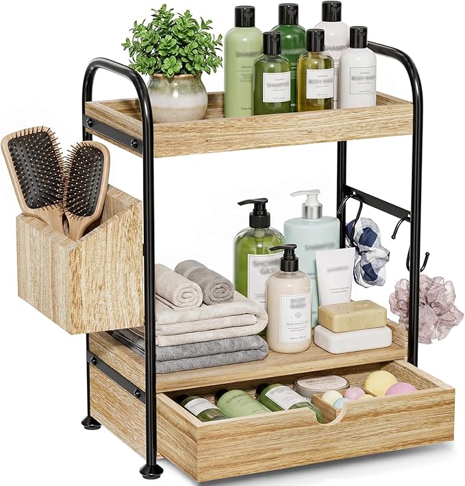 2-Tier Bathroom Counter Organizer with Drawer, Wooden Vanity Skincare Shelf by Kottwca