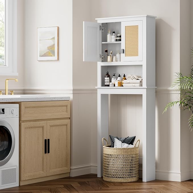 GarveeHome Over The Toilet Storage Cabinet, Farmhouse Over Toilet Bathroom Organizer with Rattan Doors, Freestanding Wood Above Toilet Storage Cabinet with Adjustable Shelf, White - Image 8