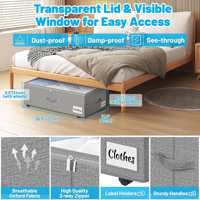 Under Bed Storage with Wheels, 2-Pack 10" Height XXL 75L Rolling Storage Bins, Quick Assembly Underbed Shoe Storage Containers with Clear Lid & Label, Dorm Under Bed Drawers for Clothes, Shoes, Black - Image 3