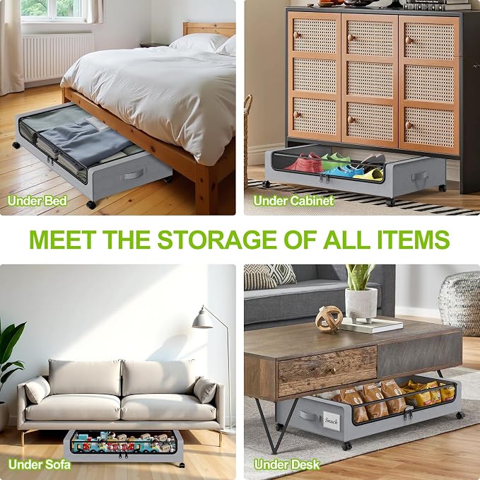 Molutsody Under Bed Storage with Wheels, 4-Pack Underbed Storage Containers with Clear Lids, Under Bed Shoe Storage Organizer, Rolling Under Bed Storage for Clothes Shoes Blankets (Grey) - Image 5