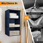Hanging Closet Organizer 3-Shelf, Oxford Fabric Wardrobe Storage, Navy Blue | Easy-mount foldable design holds clothes, handbags, shoes & accessories; washable Oxford fabric, sturdy and space-saving. - Image 7