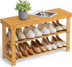SONGMICS Shoe Rack Bench, 3-Tier Bamboo Entryway Bench, 35.4 Inches Width | Shoe Storage Organizer, Holds Up to 286.6 lb, Natural, BAMBOU Collection ULBS90N by Unknown