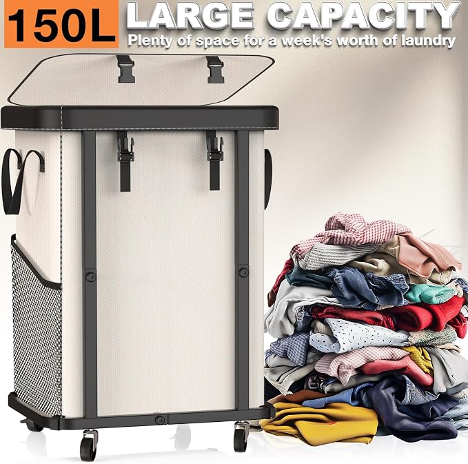 Laundry Basket with Wheels,150L Leather Patchwork Rolling Hamper Carts - Image 3