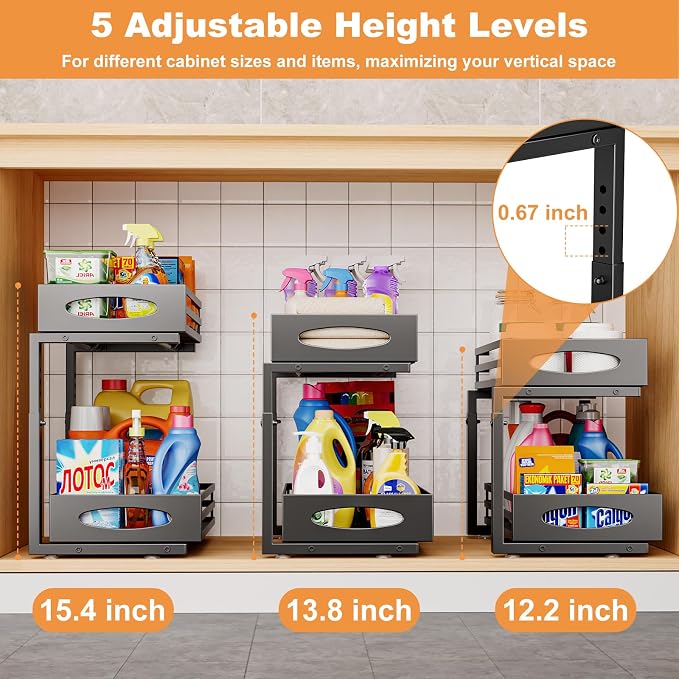 Under Sink Organizer, 2 Tier Under Sink Organizers and Storage, Adjustable Height, Slide out Metal Cabinet Organizers, Pull out Cabinet Storage Drawer Shelf for Kitchen Bathroom (Black, 1 Pack) - Image 6