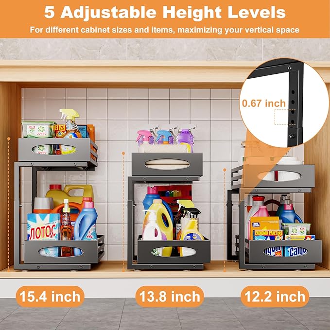 mixeshop Under Sink Organizer, 2 Tier Under Sink Organizers and Storage, Adjustable Height, Slide out Metal Cabinet Organizers, Pull out Cabinet Storage Drawer Shelf for Kitchen Bathroom (Black, 2) - Image 6