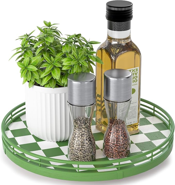 Green and White Checkerboard Lazy Susan with Rubberwood Base and Metal Rail by AMH