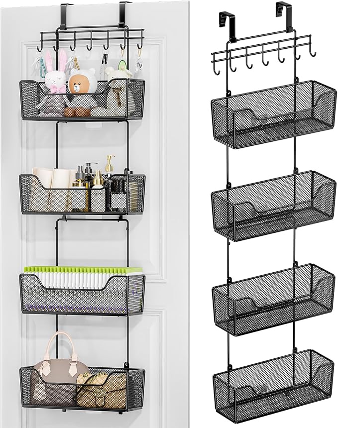 HapiRm Over The Door Organizer - Hanging Door Organizer with 4 Metal Large Capacity Baskets and Adjustable Coat Hook for Bathroom Bedroom Kitchen Pantry Closet Cabinet by HapiRm