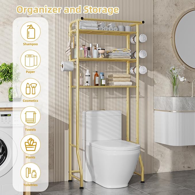 Simple Trending 3 Tier Over The Toilet Rack, Shelf Bathroom, Bathroom Stand Organizer Space Saver, Gold - Image 5