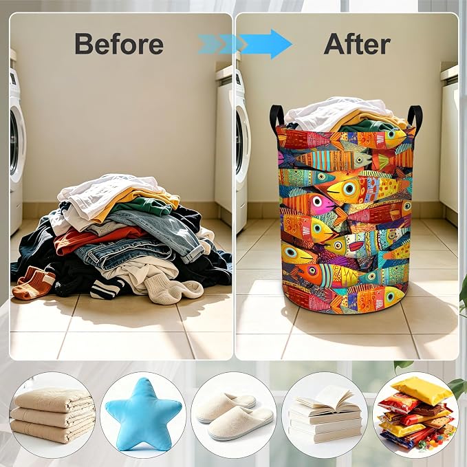 Colorful Fish Laundry Basket Foldable Laundry Hamper With Handles Clothes Storage Bucket Organizer Laundry Bag For Bedroom Bathroom Laundry Storage 19.6 x 15.7 - Image 4