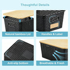 Bagnizer Small Plastic Storage Bins with Bamboo Lids 5.2qt Stackable Box Basket Pantry Decorative Containers Cute with Lable for Organizing Desktop Closet Office Black of 6 packs 10 * 7.2 * 4.1" - Image 8