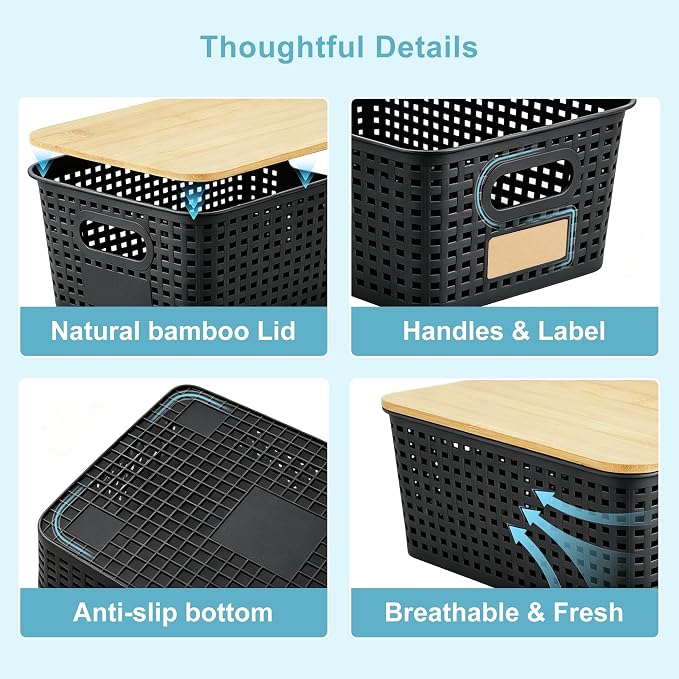 Bagnizer Small Plastic Storage Bins with Bamboo Lids 5.2qt Stackable Box Basket Pantry Decorative Containers Cute with Lable for Organizing Desktop Closet Office Black of 6 packs 10 * 7.2 * 4.1" - Image 8