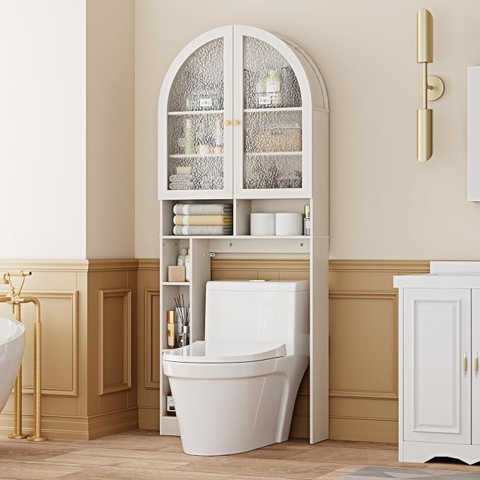 Over The Toilet Storage Cabinet, 29.7”W Modern Storage Cabinet Over Toilet with Acrylic Doors, Arched Freestanding Over Toilet Rack with Adjustable Shelf for Bathroom, White - Image 9