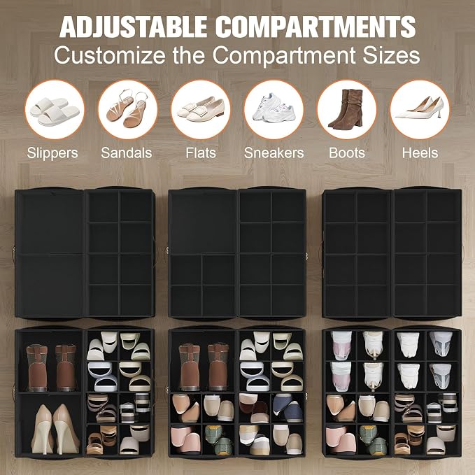 Shoe Organizer for Closet, 2-Pack Foldable Shoe Storage Box with Adjustable Dividers & Clear Cover, Fits 16 Pairs, Black, Durable and Space-Saving - Image 2