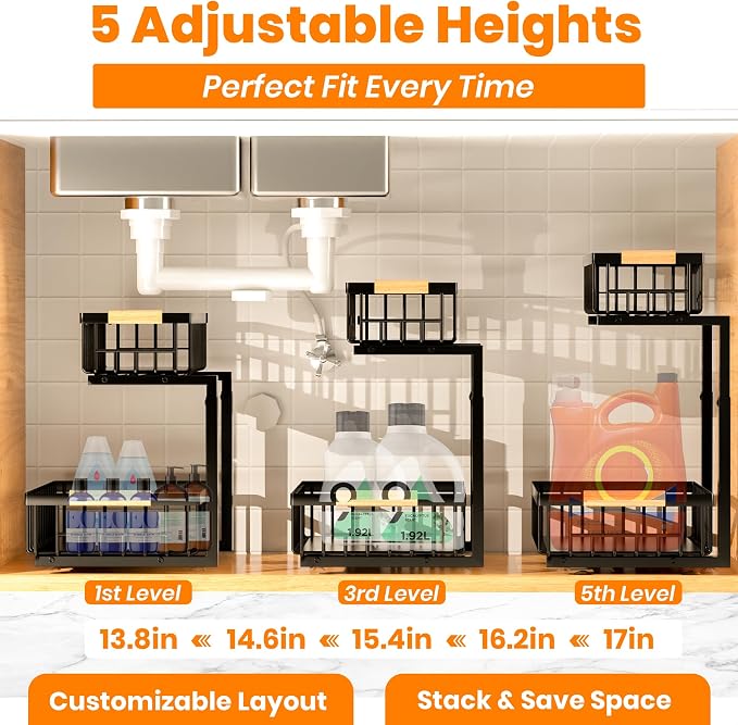 Under Sink Organizer, 2-Tier Pull-Out Cabinet Organizer – Adjustable Height, Left or Right Install – Smooth Slide-Out Drawers, Heavy-Duty Metal Rack for Kitchen & Bathroom, 1 Pack - Image 3