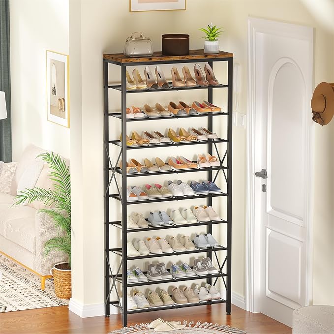10-Tier Shoe Rack Holds 40 Pairs, Space Saving Shoe Organizer for Entryway Closet Apartment, Industrial Metal Shoe Shelf with Wooden Top, Rustic Brown - Image 2