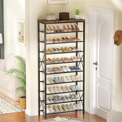 10-Tier Shoe Rack Holds 40 Pairs, Space Saving Shoe Organizer for Entryway Closet Apartment, Industrial Metal Shoe Shelf with Wooden Top, Rustic Brown - Image 2