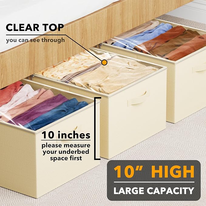 SpaceAid 3 Pack 10" High Under Bed Storage Containers, Large Underbed Storage Organizer Bins with Lids for Bedroom, Dorm, Clothes, Closet Organization, Bed Sheets and Blankets (Beige) - Image 2