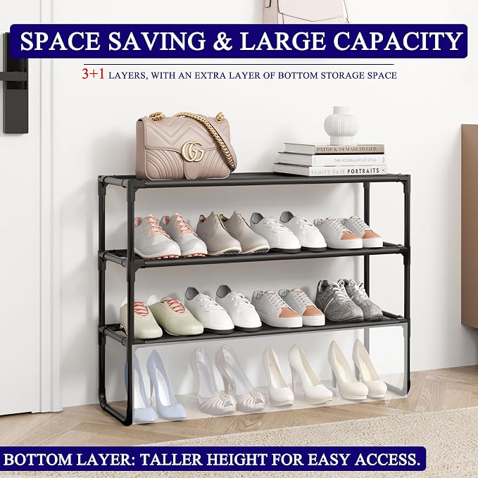 Long Shoe Rack, 3-Tier Stackable Shoe Organizer for Closet, Entryway, Hallway, Extra Bottom Layer, Holds 16-20 Pairs, Sturdy & Durable Waterproof Fabric Shelf, Space-Saving,Black(35.8" Wide) - Image 4