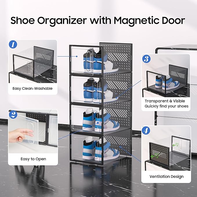 eWonLife X-Large Shoe Boxes with Magnetic Door, 12-Pack Stackable Shoes Storage Organizer for Closet, Clear Plastic Sneaker Container Shoe Rack for Size 12, Black - Image 6