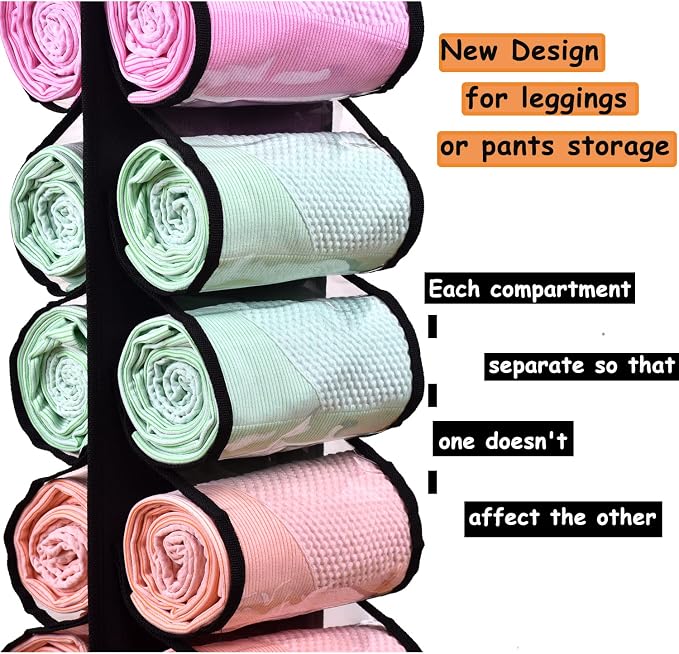 Legging Storage Bag Storage Hanger Can Holds 24 Leggings or Shirts Jeans Compartment Storage Hanger, Foldable Leggings Organizer Clothes Portable Closets Roll Holder (Black) - Image 4