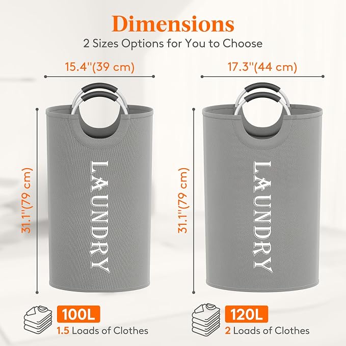 Lifewit 2 Pack 120L Laundry Basket with Aluminum Handles, Silver Grey - Image 2