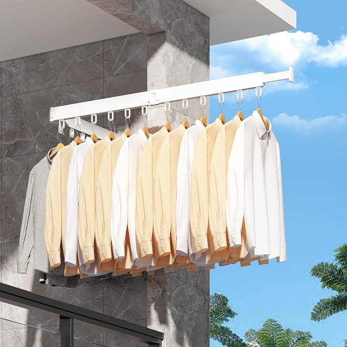 HEILAIYI Clothes Drying Rack,Laundry Drying Rack,Wall Mounted Clothes Rack,Laundry Rack Wall Mount,Folding Retractable Collapsible Drying Rack Clothing (Three-Poles,Loop Hooks,White) - Image 7