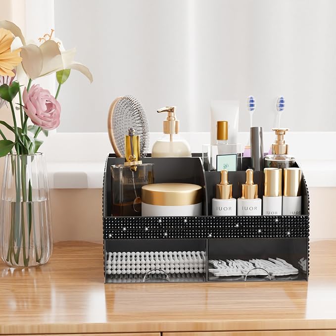 Bling Makeup Organizer with Drawers, Cosmetic Storage for Dresser Vanity and Bathroom Countertop, Beauty Holder for Lipstick Brush, Skincare Organizer for Vanity, Cosmetic Display Case Bling Black - Image 6