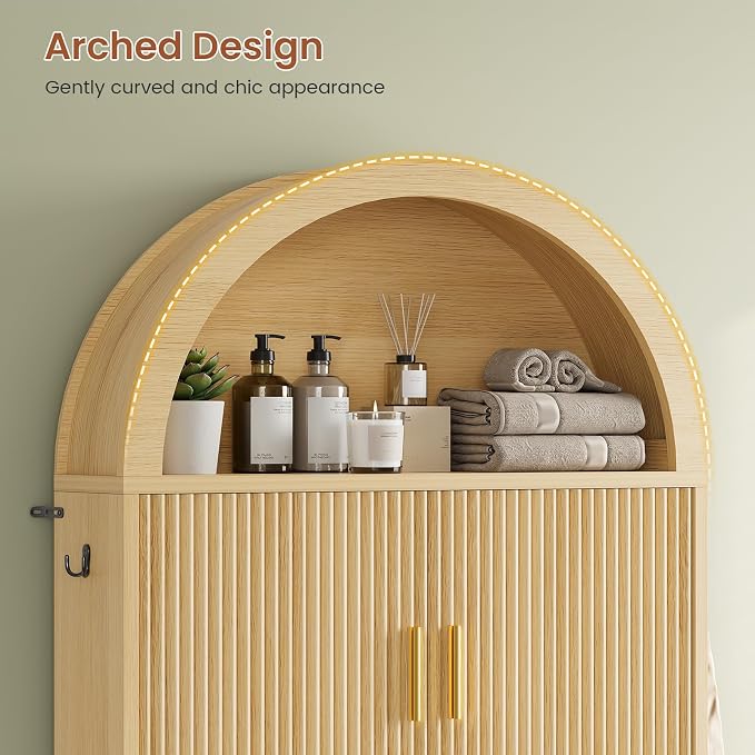 Itaar Arched Over The Toilet Storage Cabinet, 78.7" H Fluted Bathroom Organizer with Reversible Side Cabinet, Adjustable Shelves, Anti-Tipping, Hooks & Paper Holder for Bathroom Laundry Room, Oak - Image 6