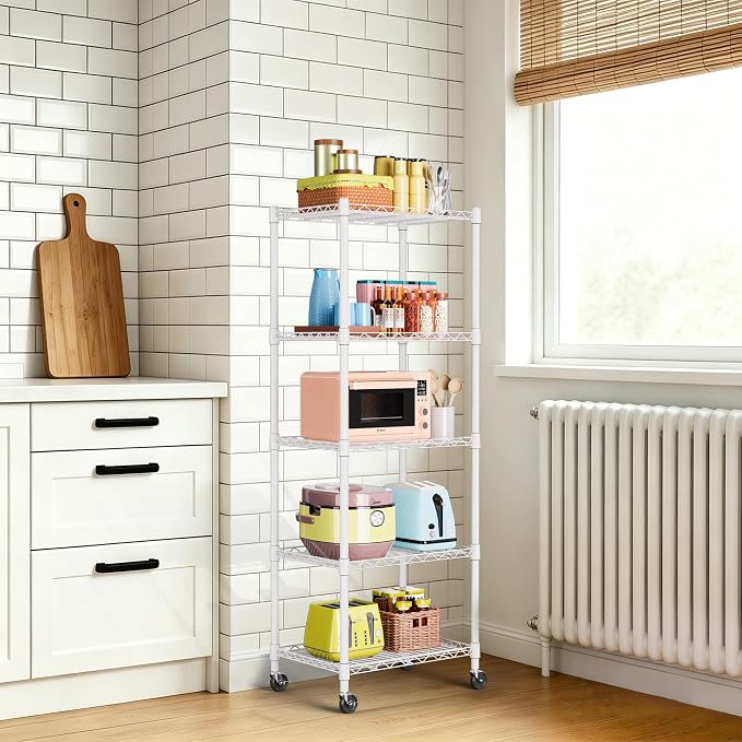 REGILLER 5-Wire Shelving Metal Storage Rack Adjustable Shelves,Standing Storage Shelf Units for Laundry Bathroom Kitchen Pantry Closet(White,11.8" D x 16.6" W x 53.5" H,With Wheels) - Image 2