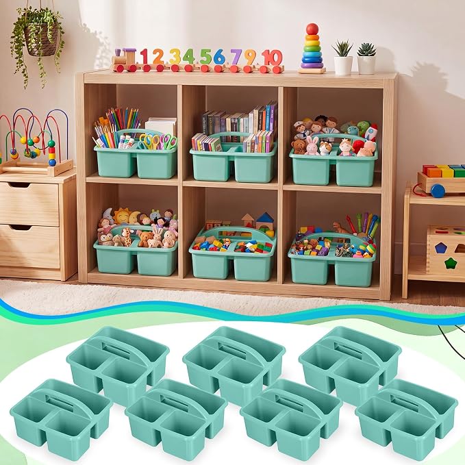 Geelin 6 Pack Classroom Caddy with Handle Plastic Storage Caddy Organizer with 3 Compartments Stackable Desk Caddies Holder Portable Storage Bin for Marker Pencil Crayon School Home Office(Green) - Image 4