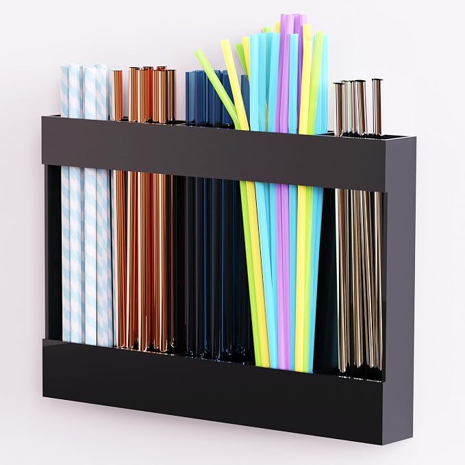 Acrylic Straw Holder & Organizer - Compact, Adhesive Tape Included for Easy Installation - Perfect for Countertops, Cabinets, or Kitchen Storage (Black-5 Compartments) by ENESNES