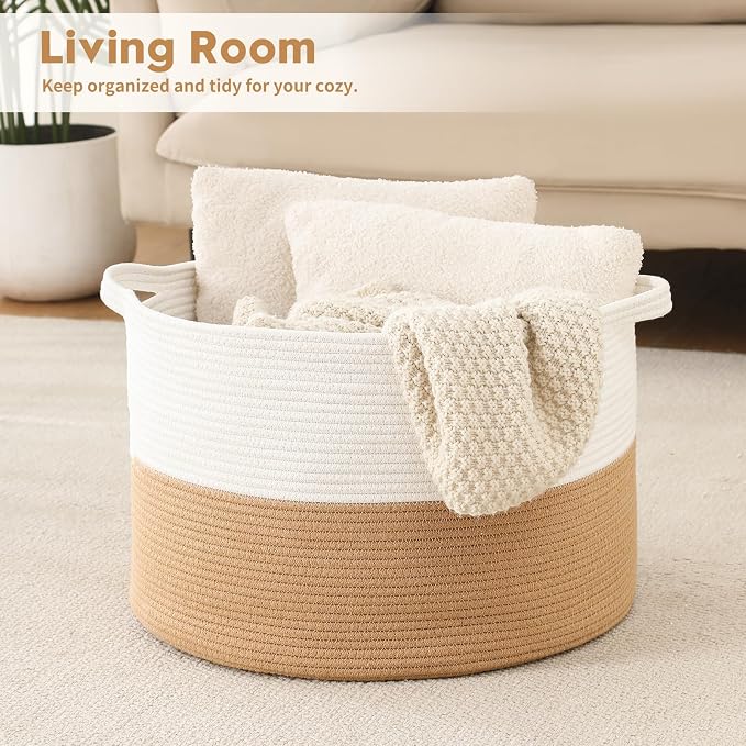 Foldable Laundry Hamper Basket with Collapsible Handle Cotton Rope Soft Woven Fabric Storage Organizer Clothes Toys Nursery Bedroom Dorm Space Saving Bin (White & Camel, 115L(23.6"D x 15.7"H)) - Image 2