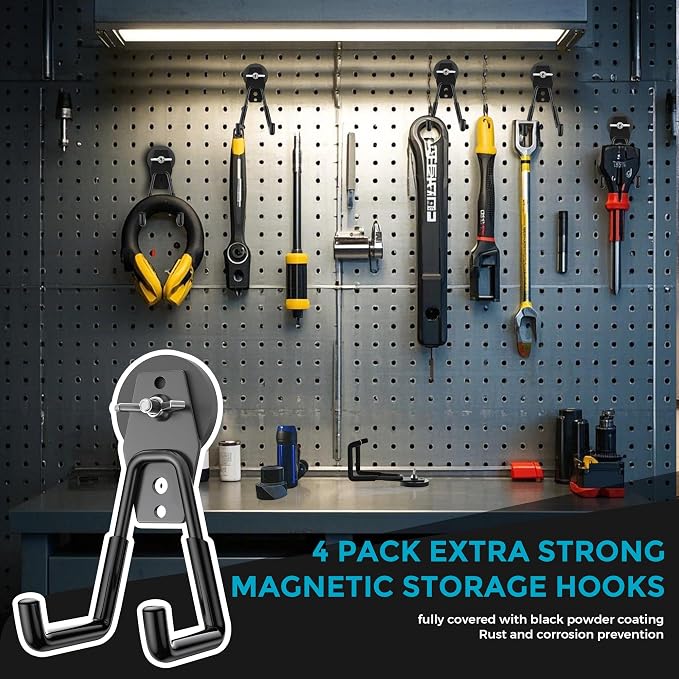 4 Pack Large Strong Magnetic Hooks Heavy Duty Garage Big Magnet Hooks Extra Strength Magnetic Utility Storage Hook Hanger with Anti Slip Coating for Garden Indoor Outdoor Hanging Tools Black - Image 5