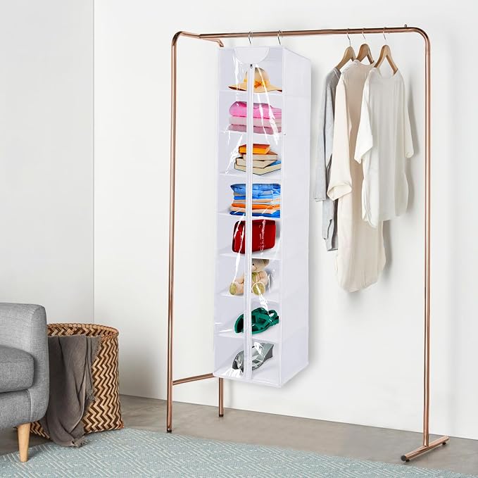 8 Tier Clear PVC Closet Hanging Organizer with Zipper, Foldable Hanging Closet Organizers and Storage, Hanging Clothes Storage Organizer, hanging shoe organizer, White Closet Shelves - Image 3