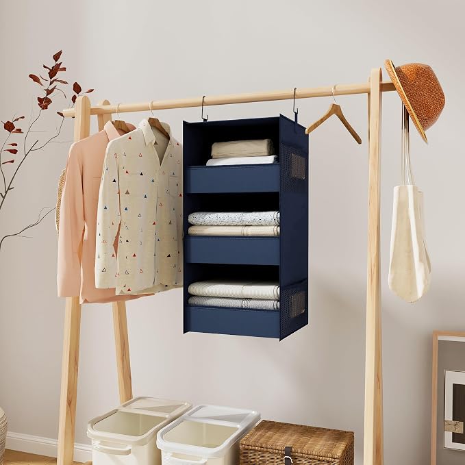 3-Shelf Hanging Closet Organizer and Storage, Foldable Hanging Closet Shelves Front Lip Design Washable Hanging Storage, Navy Blue - Image 2